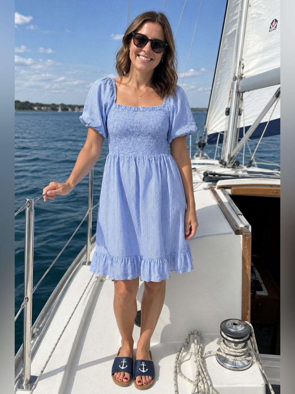 J. Crew Blue and White Striped Smocked Square Neck Cotton Midi Dress Large